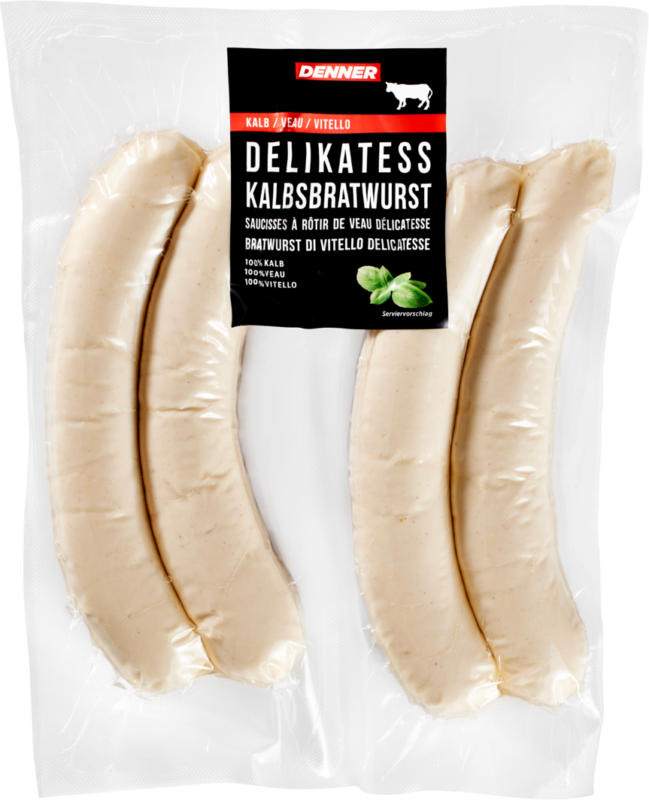 Bratwurst di vitello delicatesse Denner , 100% veau, Suisse, 4 x 130 g