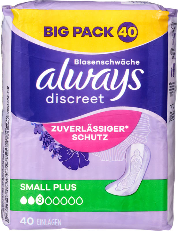 Protège-slips Incontinence Always Discreet, small plus, 40 pièces