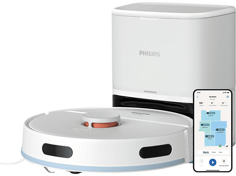 Philips 2000 Series, XU2100/20 Saug- und Wischroboter, mit Absaugstation (Arktisweiß, Laufzeit: bis zu 130 Minuten, 66 dB(A))