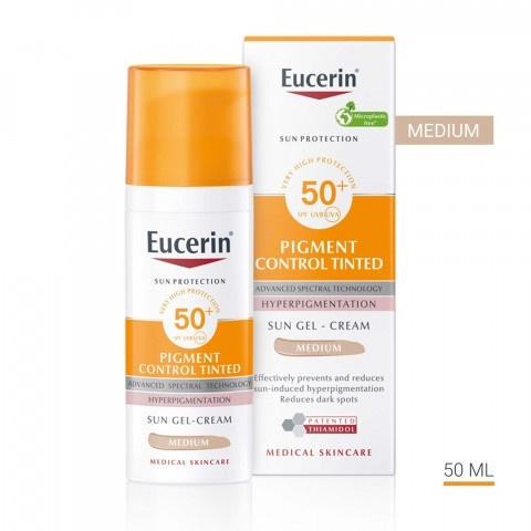 Eucerin Sun Pigment Control SPF50+ оцветен слънцезащитен гел-крем за лице в тъмен цвят 50мл.