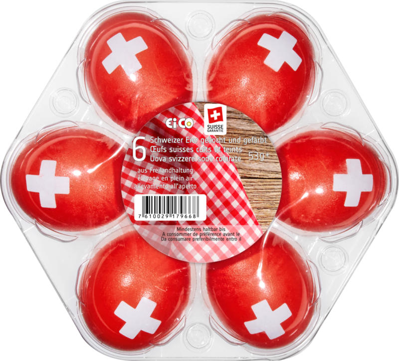 Schweizer 1.-August-Picknick-Eier, aus Freilandhaltung, gekocht und gefärbt, 6 x 53 g+