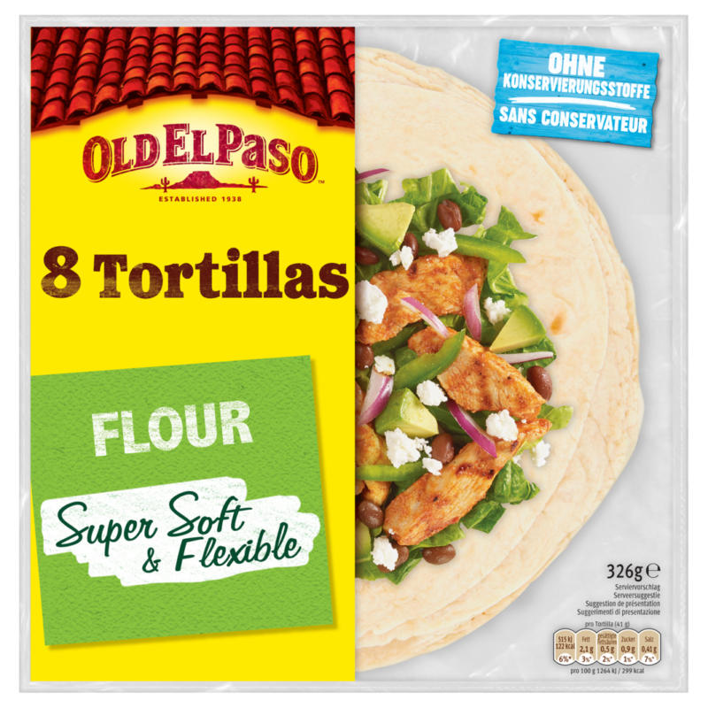 Tortillas di grano Old El Paso, Super Soft & Flexible, 8 pezzi, 326 g