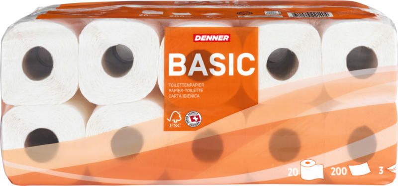 Papier-toilette Basic Denner , a 3 veli, 20 x 200 strappi