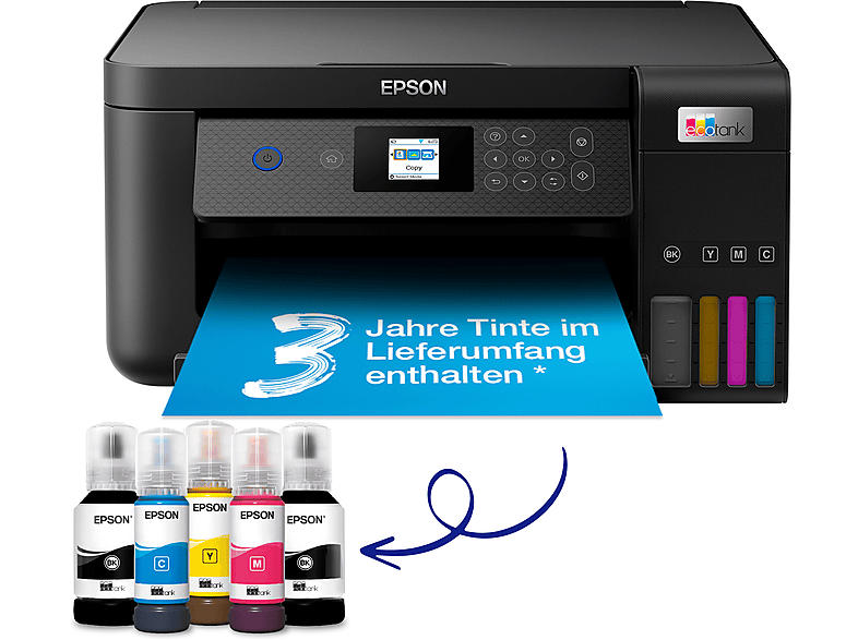 Epson EcoTank ET-2851 A4, mit einem im Lieferumfang enthaltenen Vorrat an Tinten bis zu 3 Jahren, Multifunktionsdrucker, WLAN, Tintendruck, Schwarz