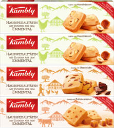 Specialità genuine dall'Emmental casalinghe Kambly, Sablé assortiti: 2 x nocciole, 1 x cioccolato, 1 x crema di caramello, 4 x 90 g