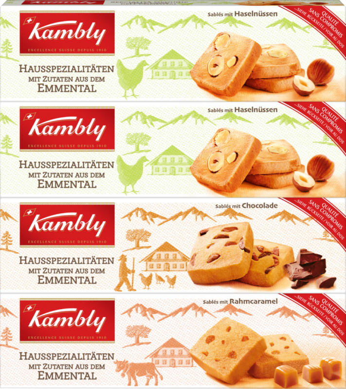 Kambly Hausspezialitäten aus dem Emmental, Sablés assortiert: 2 x Haselnüsse, 1 x Schokolade, 1 x Rahmcaramel, 4 x 90 g