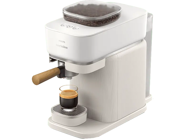 Philips bar302/20 Baristina Espressomaschine (Weiss/Eschenholz, Mahlwerk aus Keramik, 1550 Watt, 16 bar)