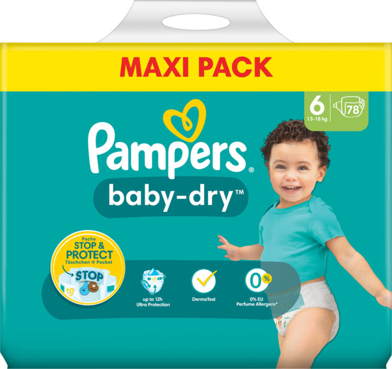 Pampers Baby-Dry Maxi Pack, Extra Large, taille 6, 78 pièces