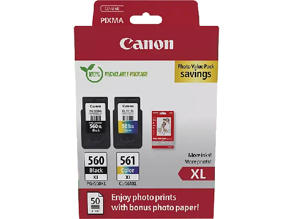CANON PG-560XL Schwarz, CL-561XL Farbe und Fotopapier Vorteilspack; Tintenpatrone