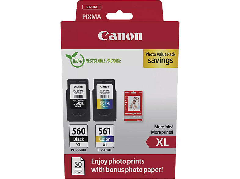 Canon PG-560XL Schwarz, CL-561XL Farbe und Fotopapier Vorteilspack; Tintenpatrone