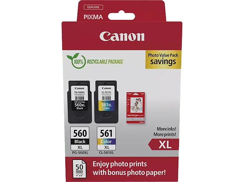 Canon PG-560XL Schwarz, CL-561XL Farbe und Fotopapier Vorteilspack; Tintenpatrone
