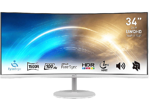 MSI pro MP341CQWDE Curved Monitor, 34 Zoll, UWQHD, 100Hz, 1ms (MPRT), 300cd, VA-Panel, 2x Audio, Weiß