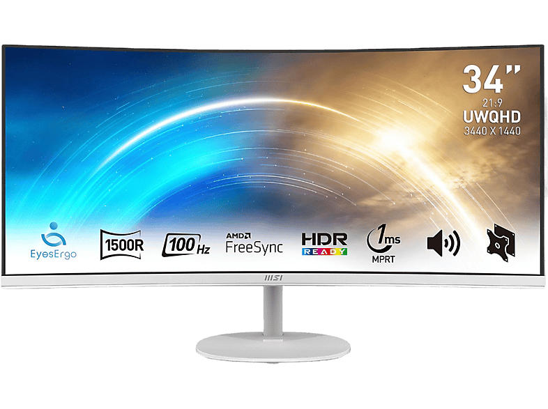 MSI pro MP341CQWDE Curved Monitor, 34 Zoll, UWQHD, 100Hz, 1ms (MPRT), 300cd, VA-Panel, 2x Audio, Weiß