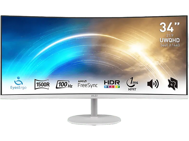 MSI pro MP341CQWDE 34 Zoll Curved Monitor, UWQHD, 1 ms Reaktionszeit, 300 cd/m², 100 Hz, Weiß