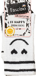 Fascino Crew Socken mit Smiley-Motiv weiß + schwarz Gr. 35-38