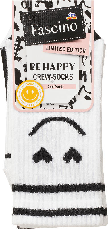 Fascino Crew Socken mit Smiley-Motiv weiß + schwarz Gr. 35-38