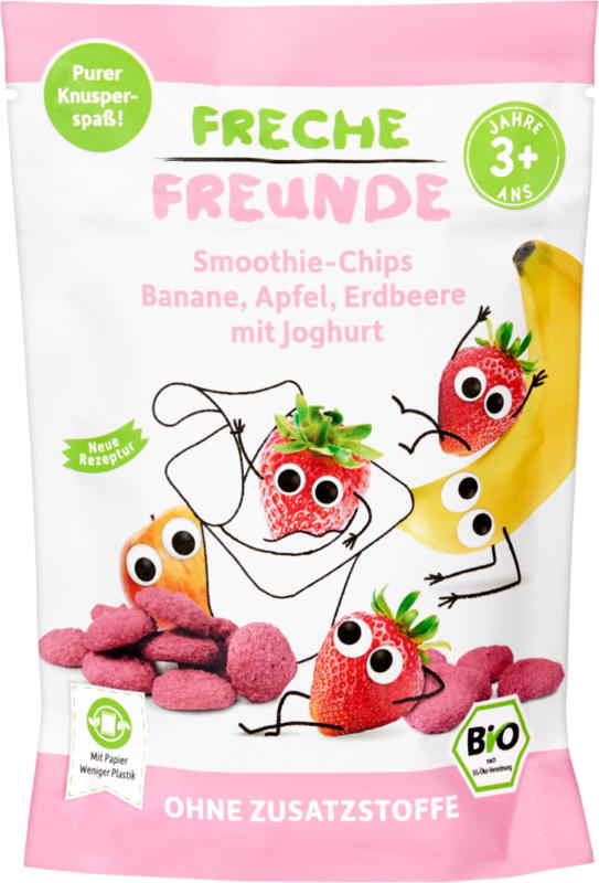 Smoothie-Chips bio Banane, Pomme, Fraise Freche Freunde, con yogurt, 16 g