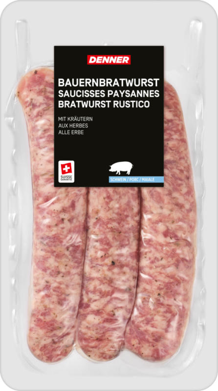 Saucisses paysannes Denner, aux herbes, porc, Allemagne, 3 x 130 g