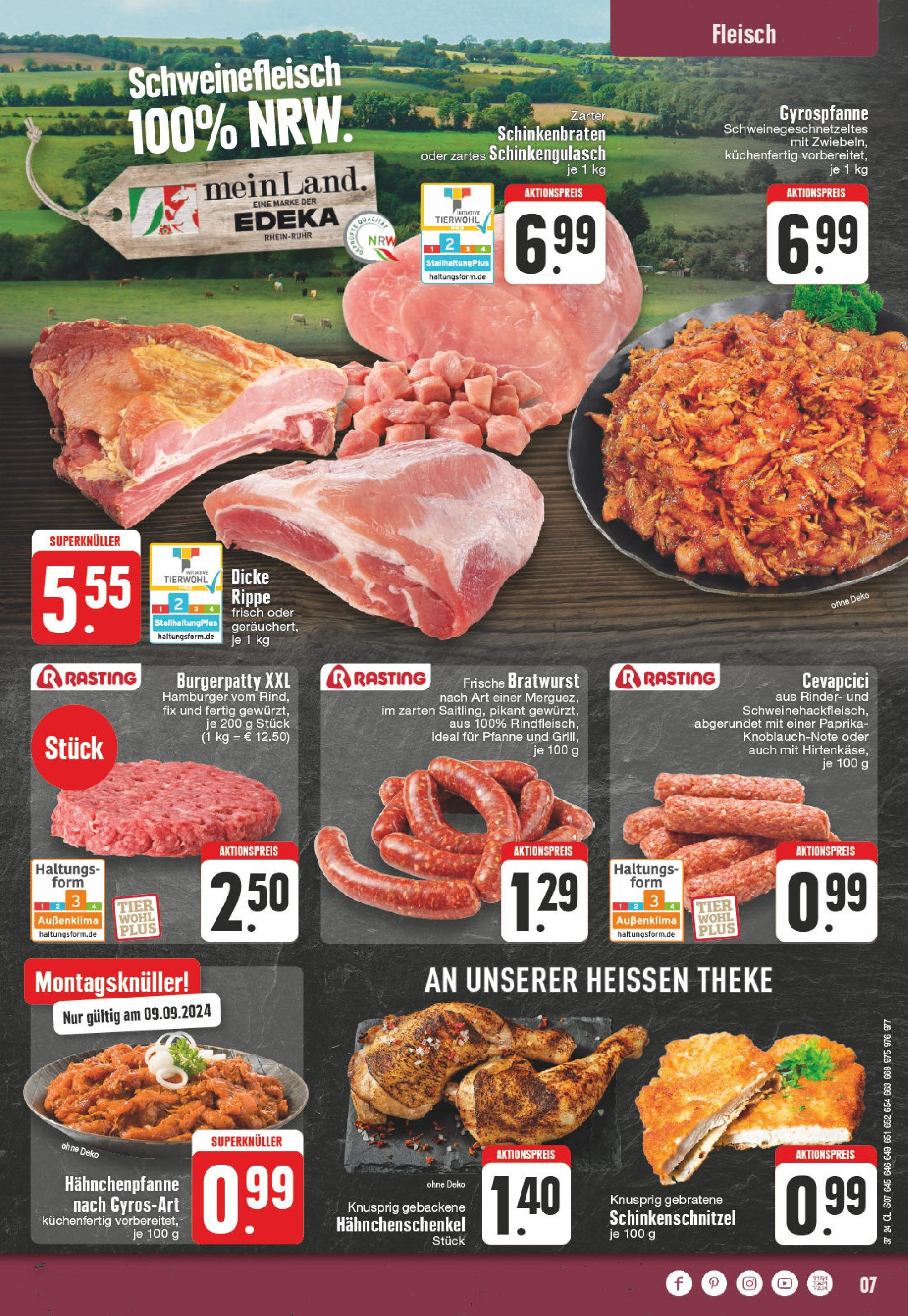 Edeka Mülheim An Der Ruhr, Düsseldorfer Straße 116a (ab 09.09.2024) » Angebote Online | Seite: 7 | Produkte: Hahnchenschenkel, Bratwurst, Paprika, Fleisch