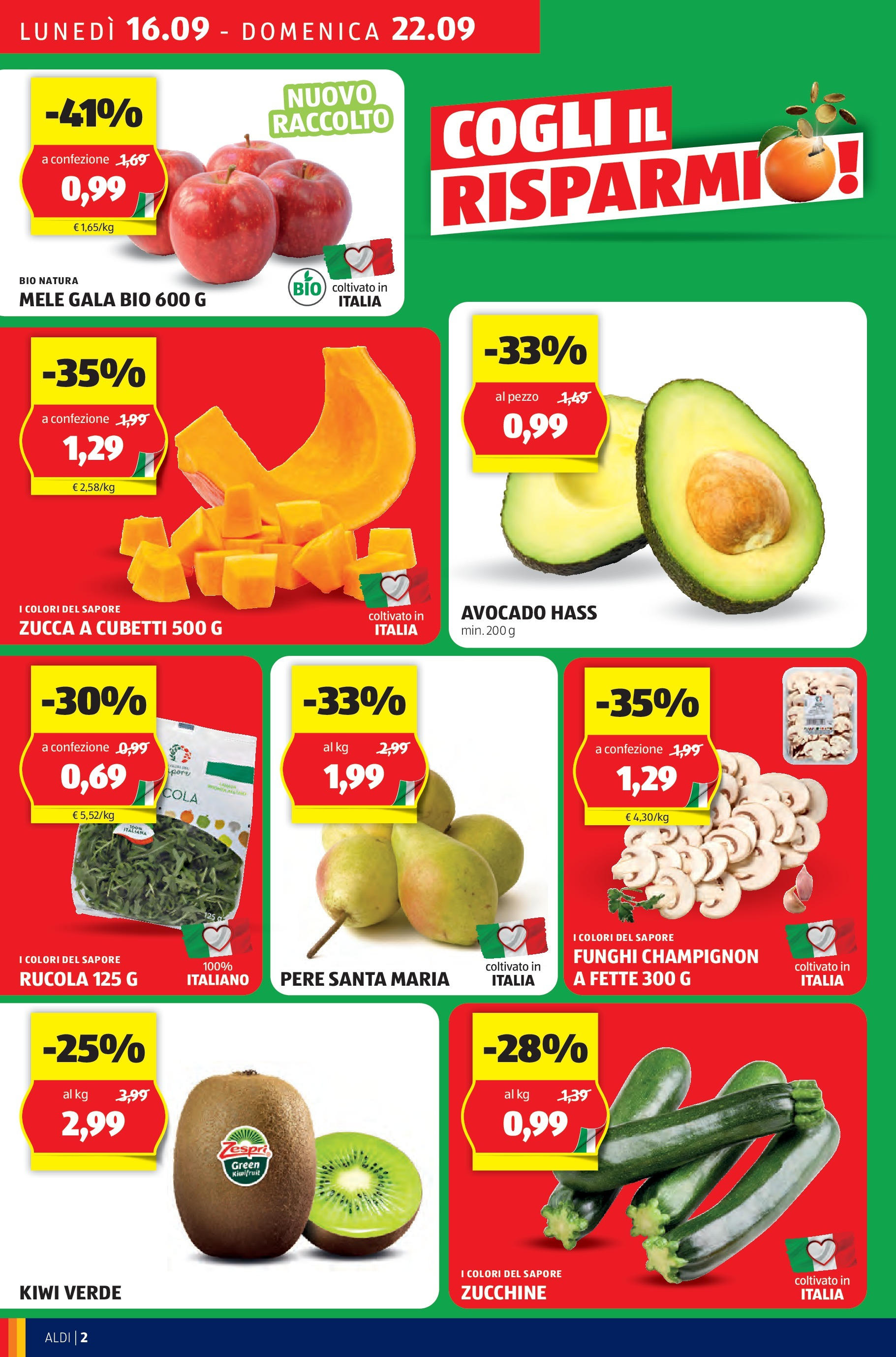 Nuovo Volantino Aldi	 dal 16/09/2024 > offerte anteprima 🛍️ | Pagina: 2 | Prodotti: Mele, Kiwi, Funghi, Zucchine