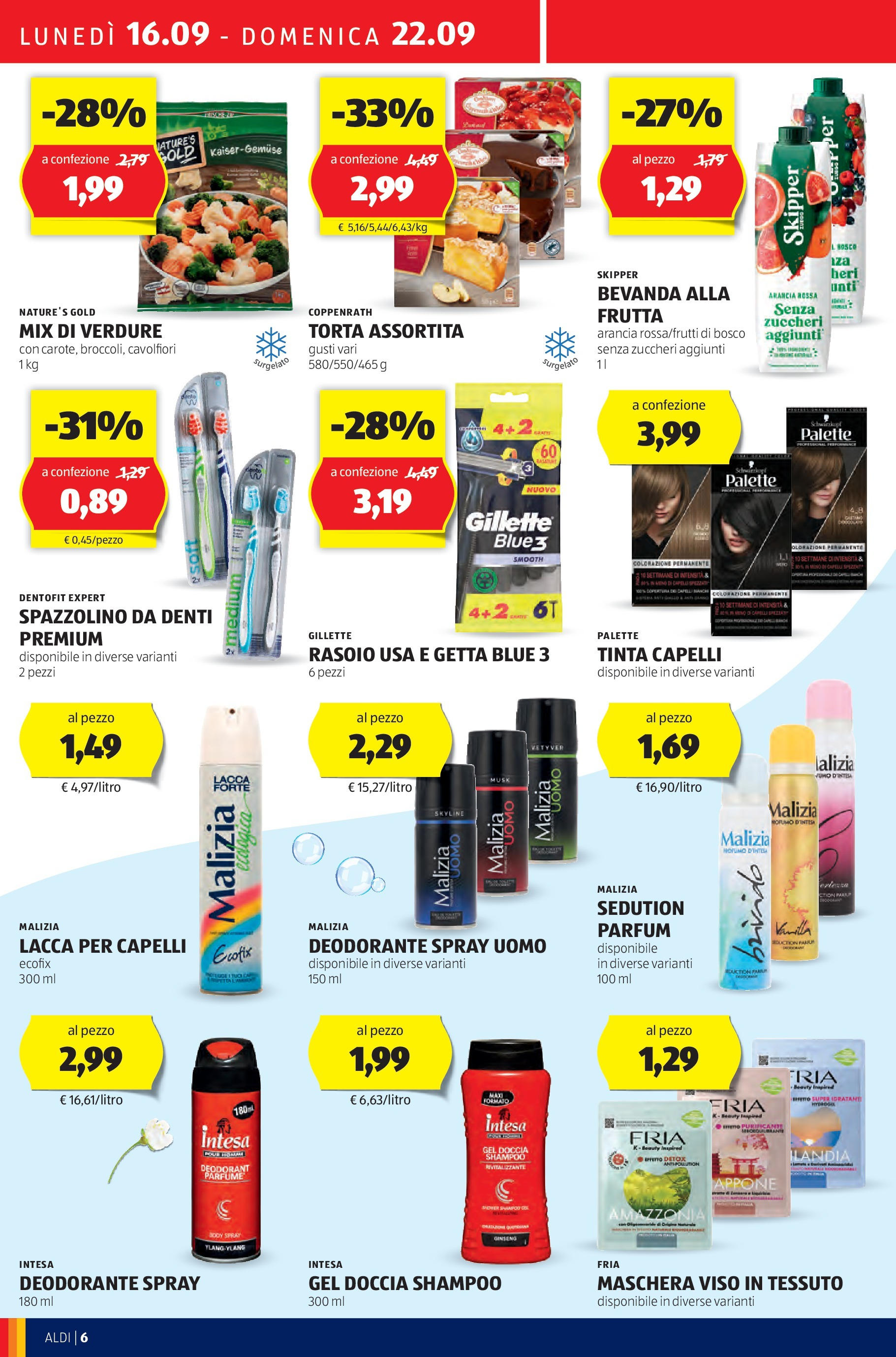 Nuovo Volantino Aldi	 dal 16/09/2024 > offerte anteprima 🛍️ | Pagina: 6 | Prodotti: Shampoo, Lacca per capelli, Maschera viso, Verdure