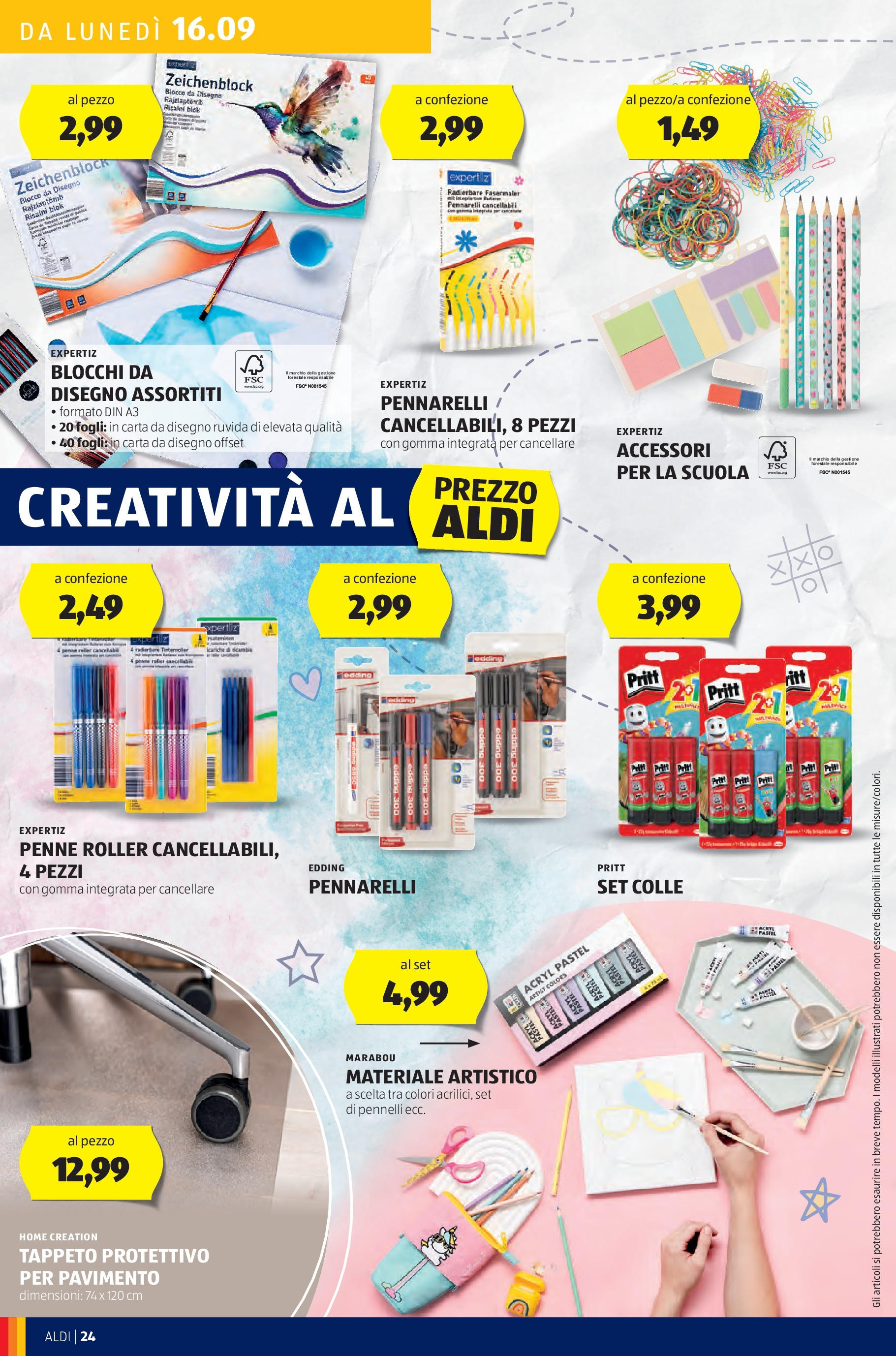 Nuovo Volantino Aldi	 dal 16/09/2024 > offerte anteprima 🛍️ | Pagina: 24 | Prodotti: Pavimento, Pennarelli, Penne, Tappeto