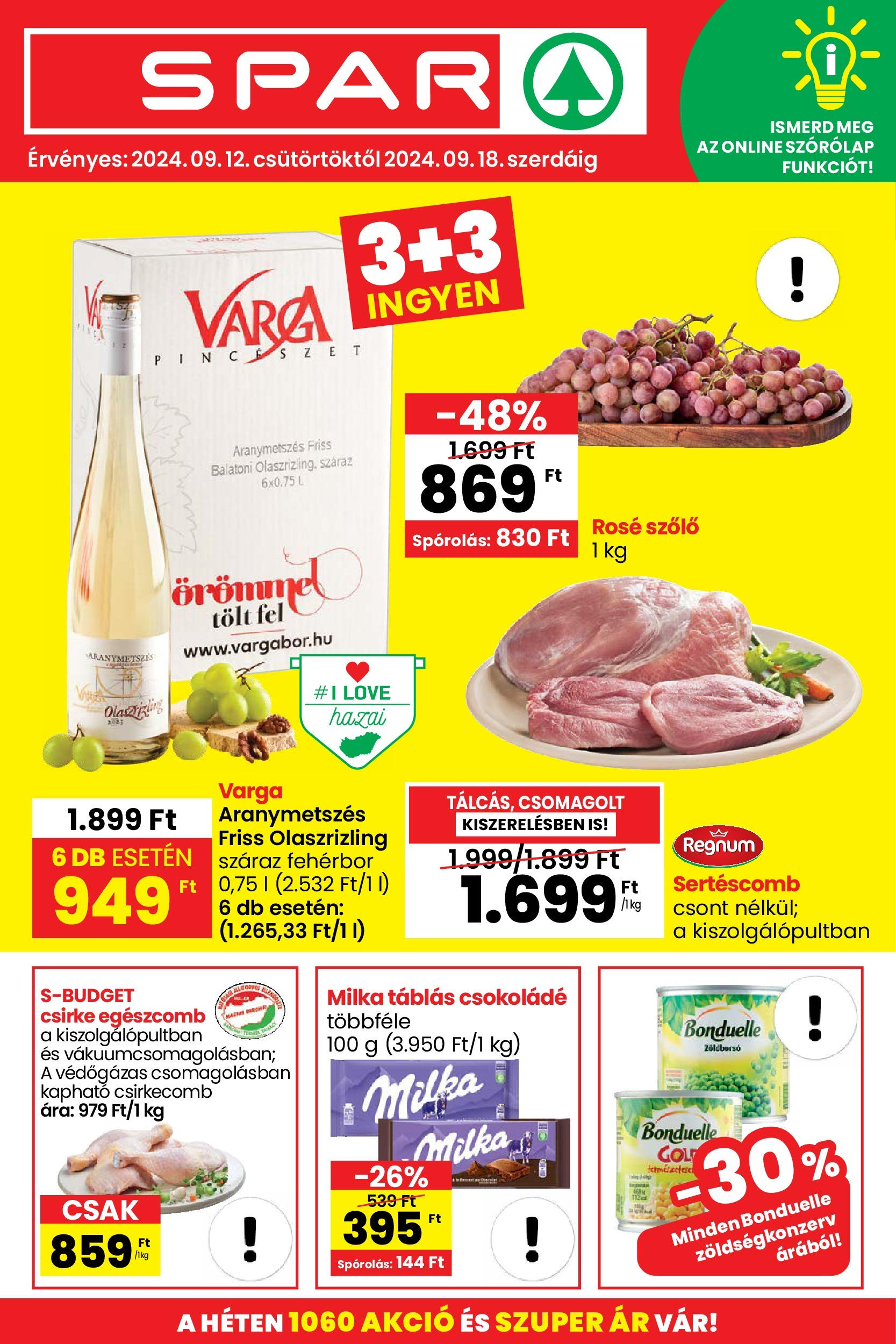 Spar Akciós újság - 2024.09.12. -tól/töl > akció, lapozható szórólap 🛍️ | Oldal: 1 | Termékek: Szőlő, Sertéscomb, Kapu, Csokoládé