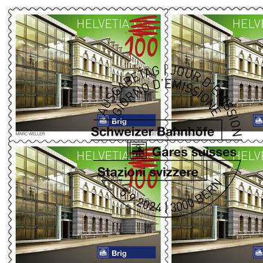 Briefmarken CHF 1.00 «Überdruck Bahnhof Brig», Bogen mit 50 Marken