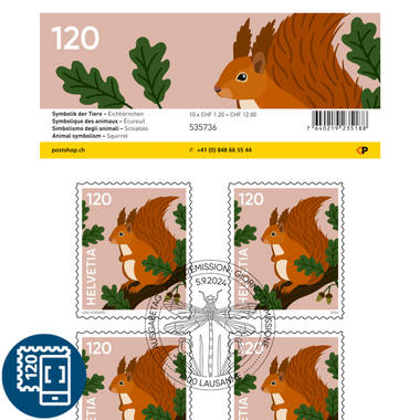 Timbres CHF 1.20 «Écureuil», Feuille de 10 timbres