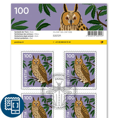 Briefmarken CHF 1.00 «Eule», Bogen mit 10 Marken