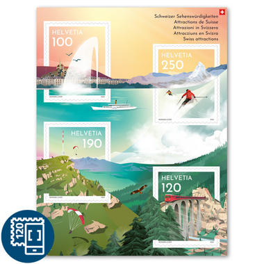 Briefmarken CHF 1.00/1.20/1.90/2.50 «Schweizer Sehenswürdigkeiten», Spezialbogen mit 4 Marken