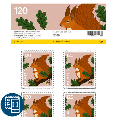 Briefmarken CHF 1.20 «Eichhörnchen», Bogen mit 10 Marken