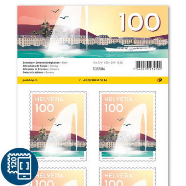 Timbres CHF 1.00 «Genève», Feuille de 10 timbres