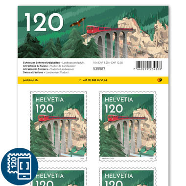 Briefmarken CHF 1.20 «Landwasserviadukt», Bogen mit 10 Marken