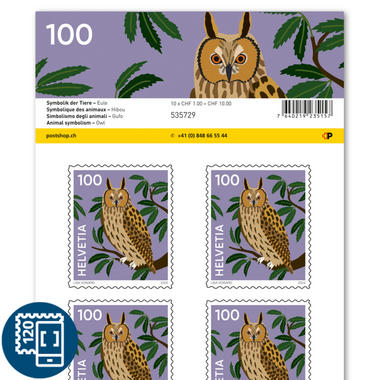 Timbres CHF 1.00 «Hibou», Feuille de 10 timbres