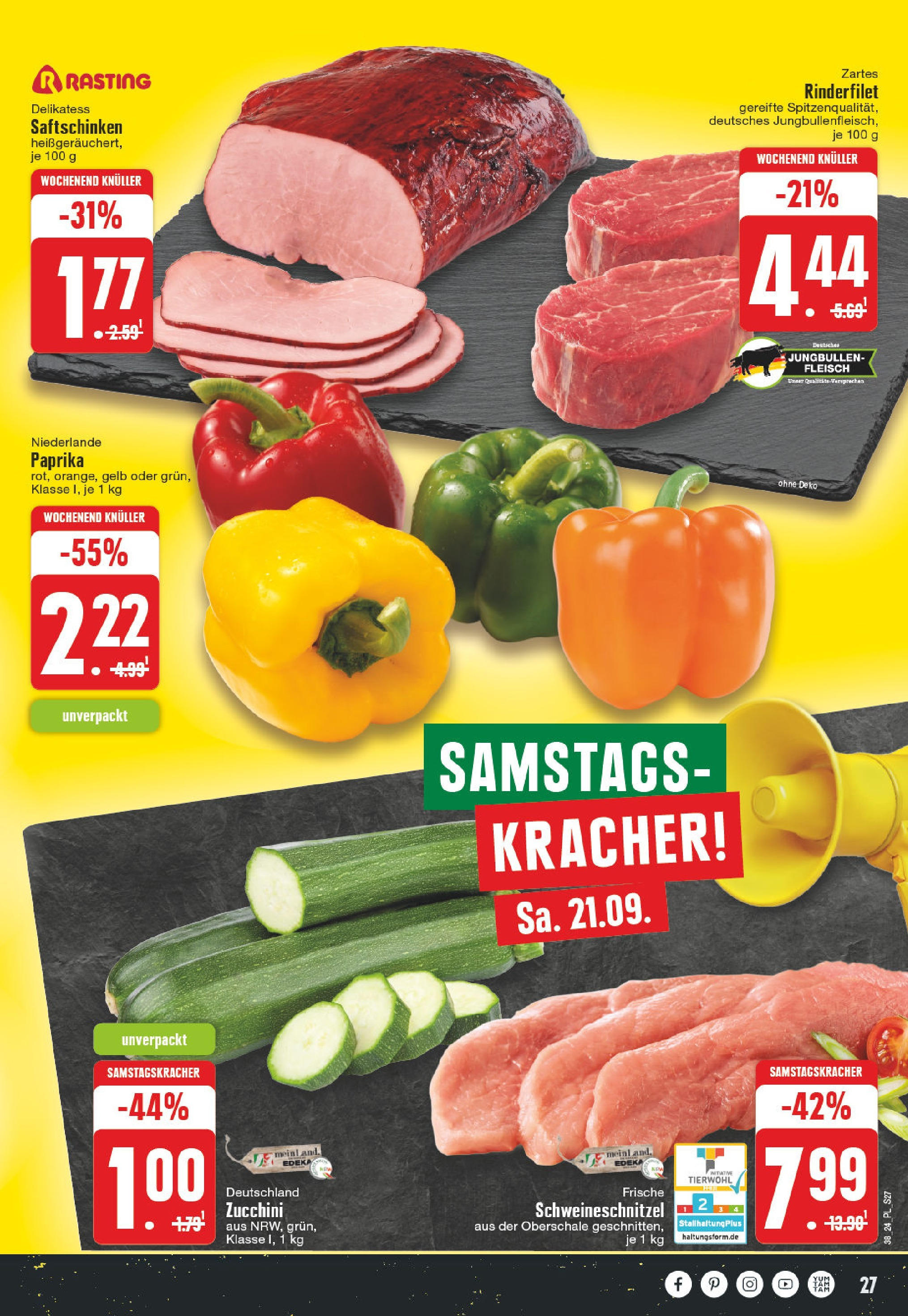 E center - Neuss-Hoisten, Hochstadenstraße 17 - 19 (ab 16.09.2024) zum Blättern | Seite: 27 | Produkte: Rinderfilet, Paprika, Zucchini, Fleisch