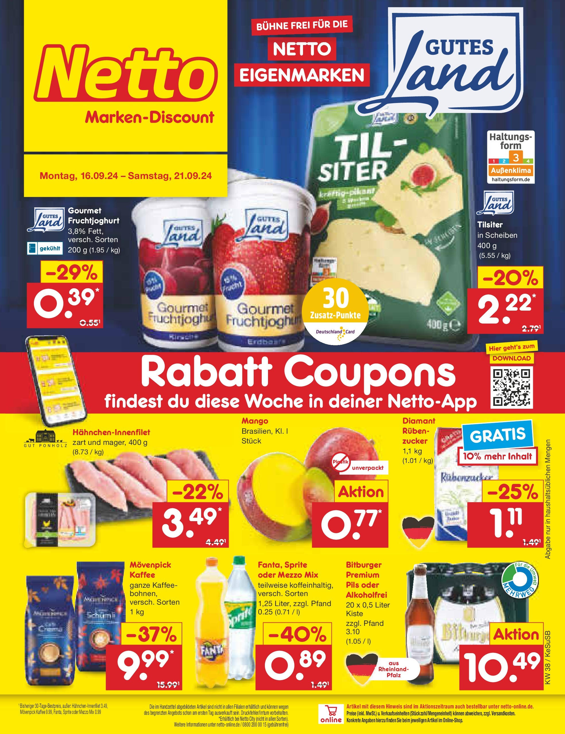 Netto Marken-Discount - Rheinland-Pfalz (ab 16.09.2024) » Angebote | Seite: 1 | Produkte: Mezzo mix, Fruchtjoghurt, Zucker, Movenpick kaffee