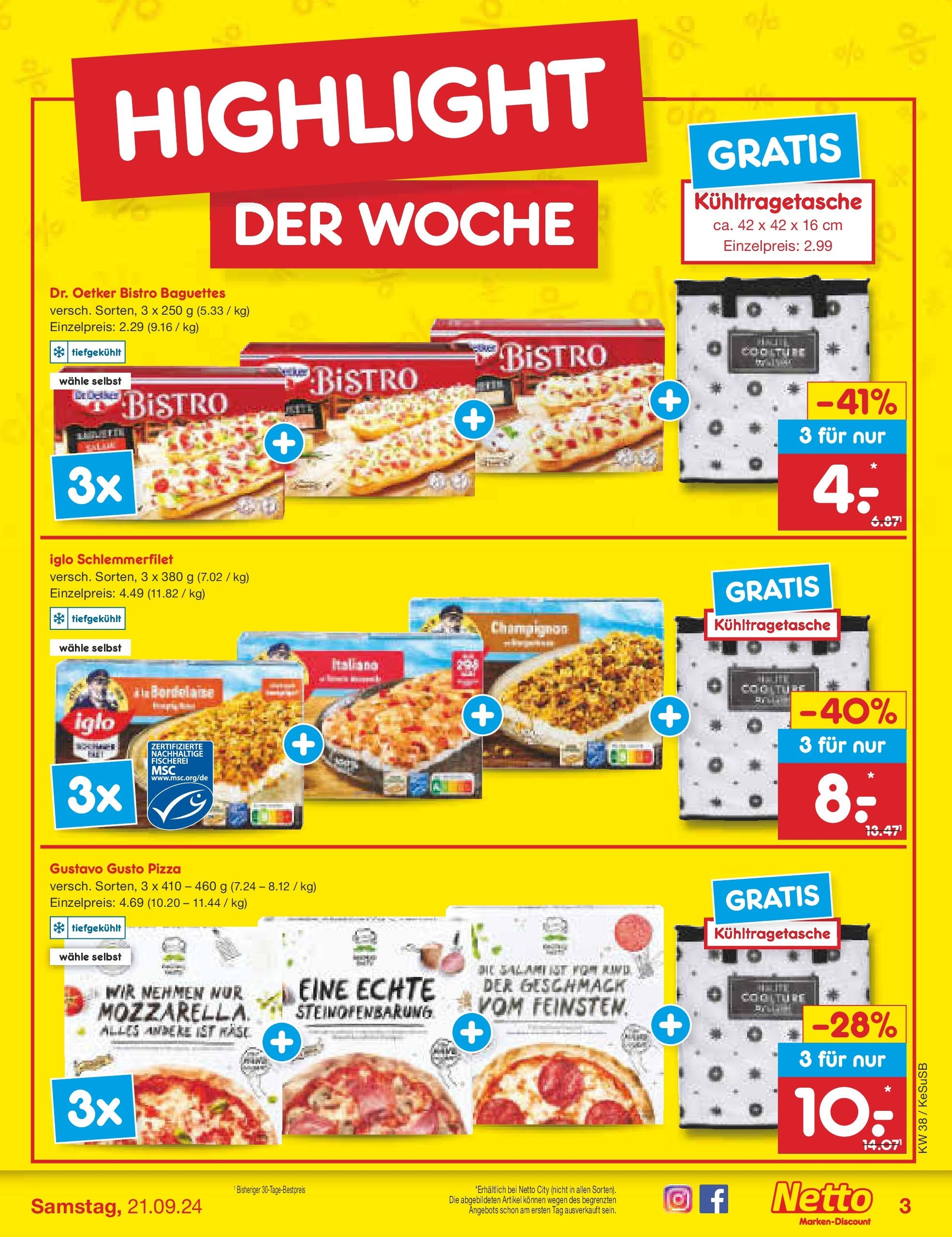 Netto Marken-Discount - Rheinland-Pfalz (ab 16.09.2024) » Angebote | Seite: 3 | Produkte: Gustavo gusto, Iglo, Pizza, Iglo schlemmerfilet