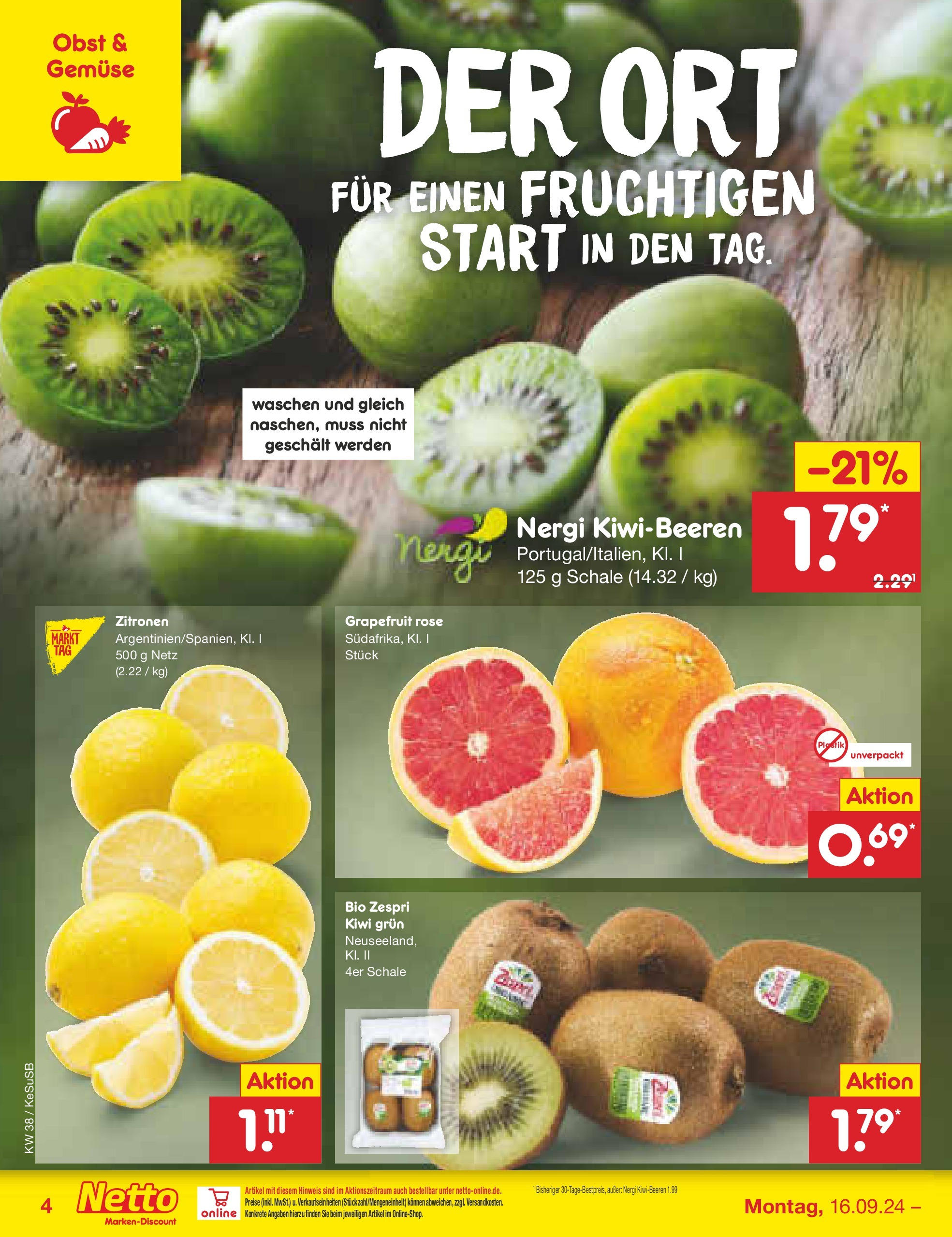 Netto Marken-Discount - Rheinland-Pfalz (ab 16.09.2024) » Angebote | Seite: 4 | Produkte: Grapefruit, Gemüse, Kiwi, Zitronen