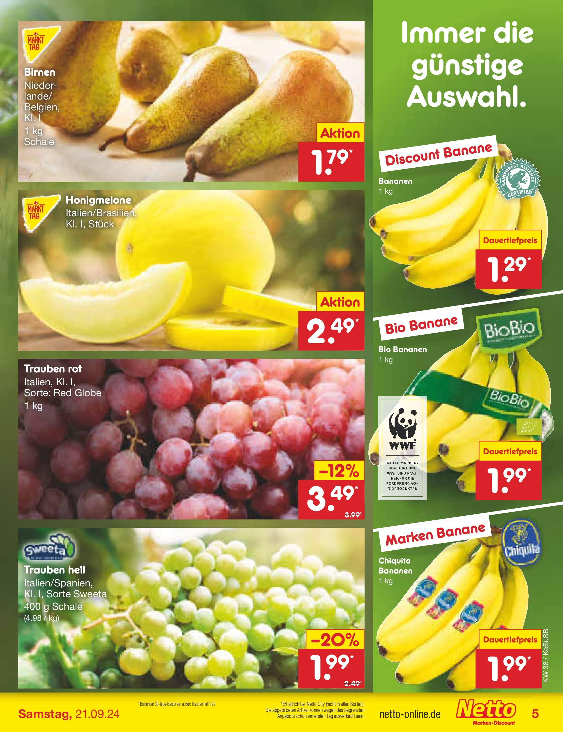 Netto Marken-Discount - Rheinland-Pfalz (ab 16.09.2024) » Angebote | Seite: 5 | Produkte: Trauben, Bananen, Honigmelone