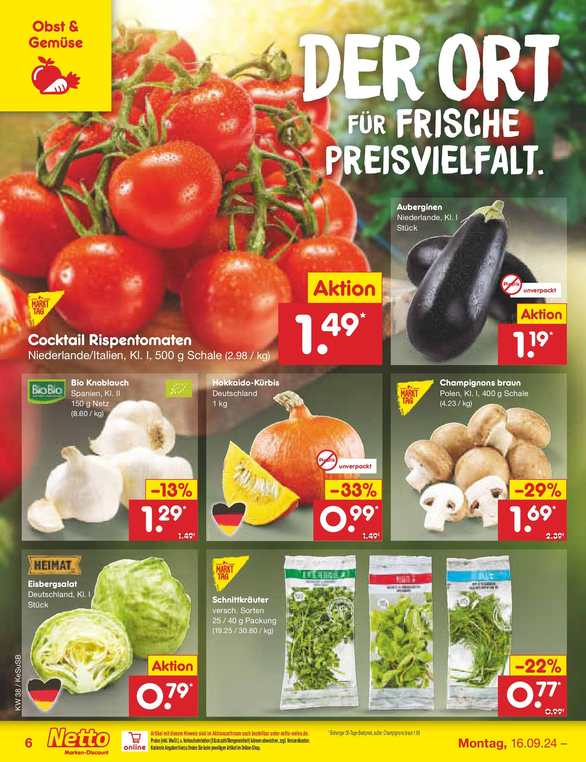 Netto Marken-Discount - Rheinland-Pfalz (ab 16.09.2024) » Angebote | Seite: 6 | Produkte: Eisbergsalat, Champignons, Gemüse, Knoblauch