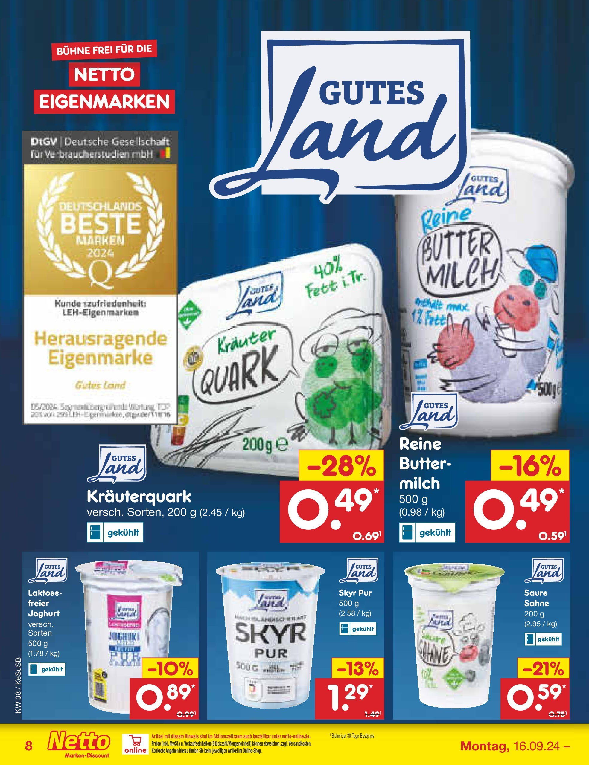 Netto Marken-Discount - Rheinland-Pfalz (ab 16.09.2024) » Angebote | Seite: 8 | Produkte: Milch, Butter, Joghurt, Sahne