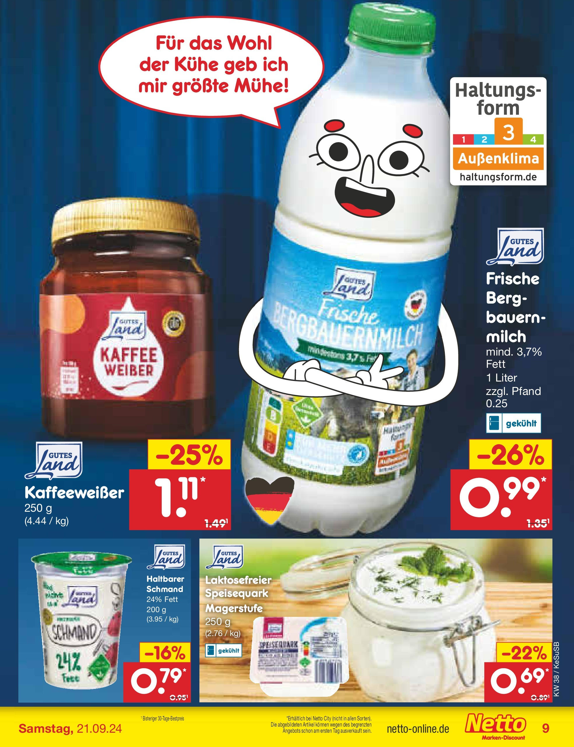 Netto Marken-Discount - Rheinland-Pfalz (ab 16.09.2024) » Angebote | Seite: 9 | Produkte: Milch, Kaffee, Speisequark