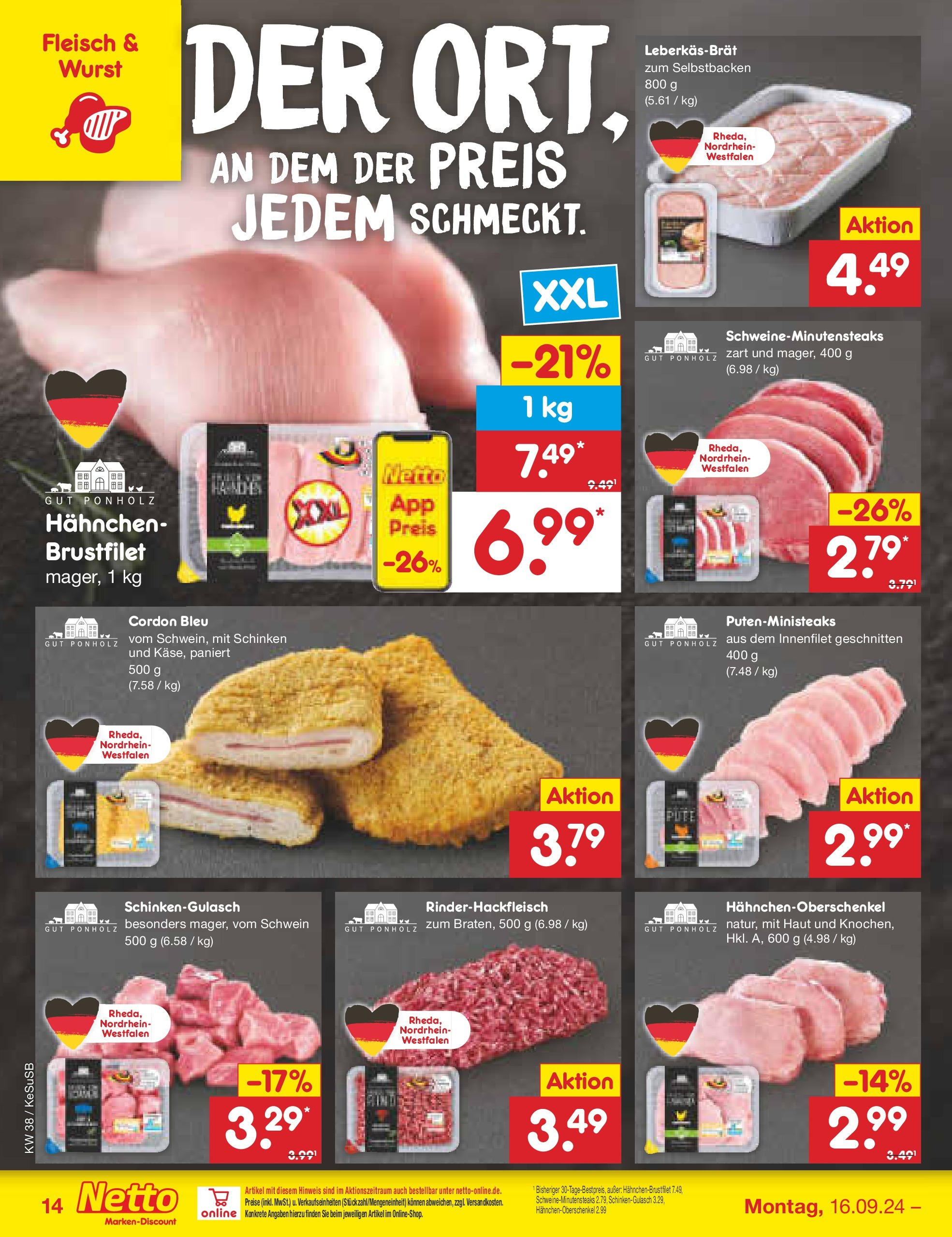 Netto Marken-Discount - Rheinland-Pfalz (ab 16.09.2024) » Angebote | Seite: 14 | Produkte: Pute, Hahnchen, Schinken, Fleisch