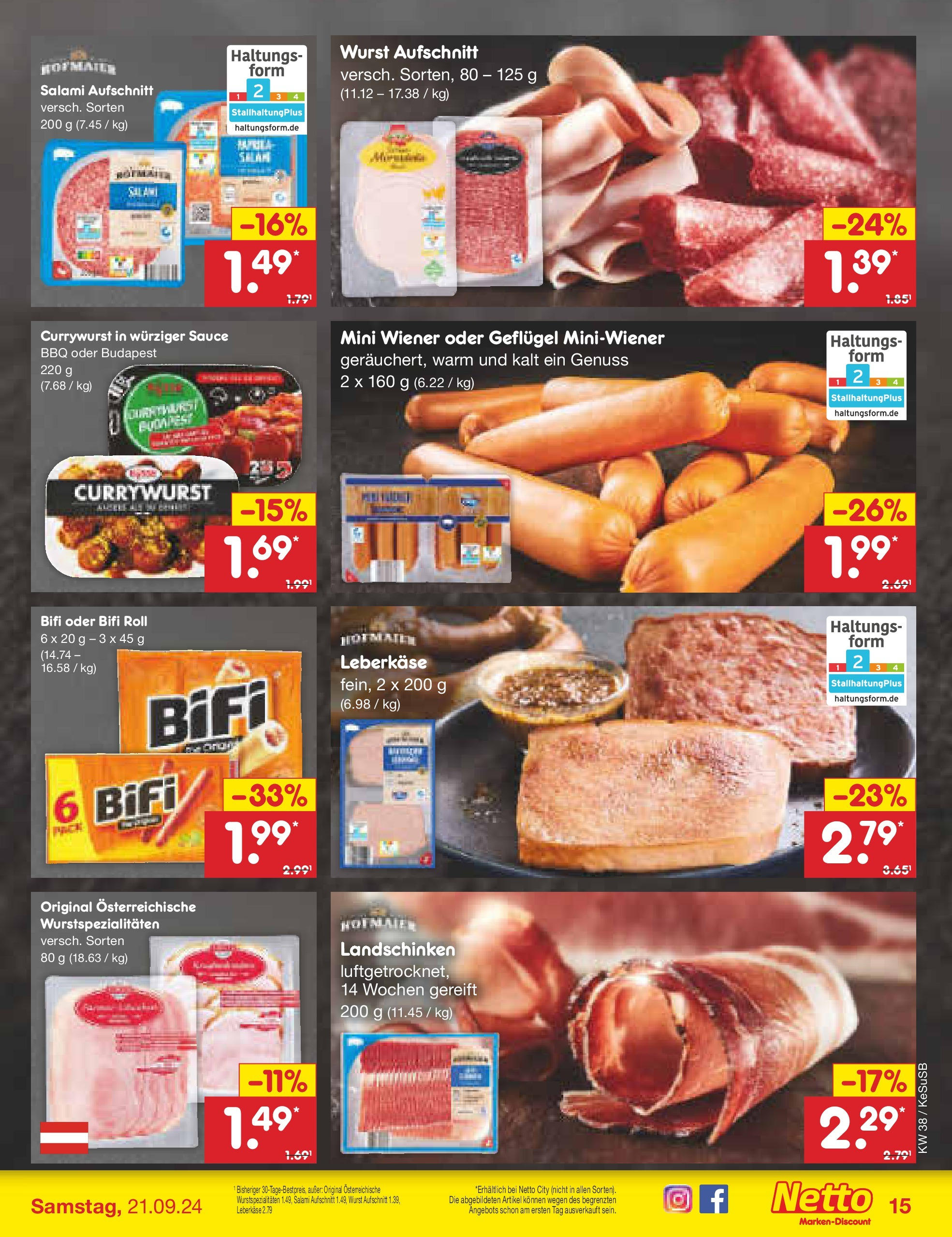 Netto Marken-Discount - Rheinland-Pfalz (ab 16.09.2024) » Angebote | Seite: 15 | Produkte: Bifi, Wurst, Salami, Leberkase