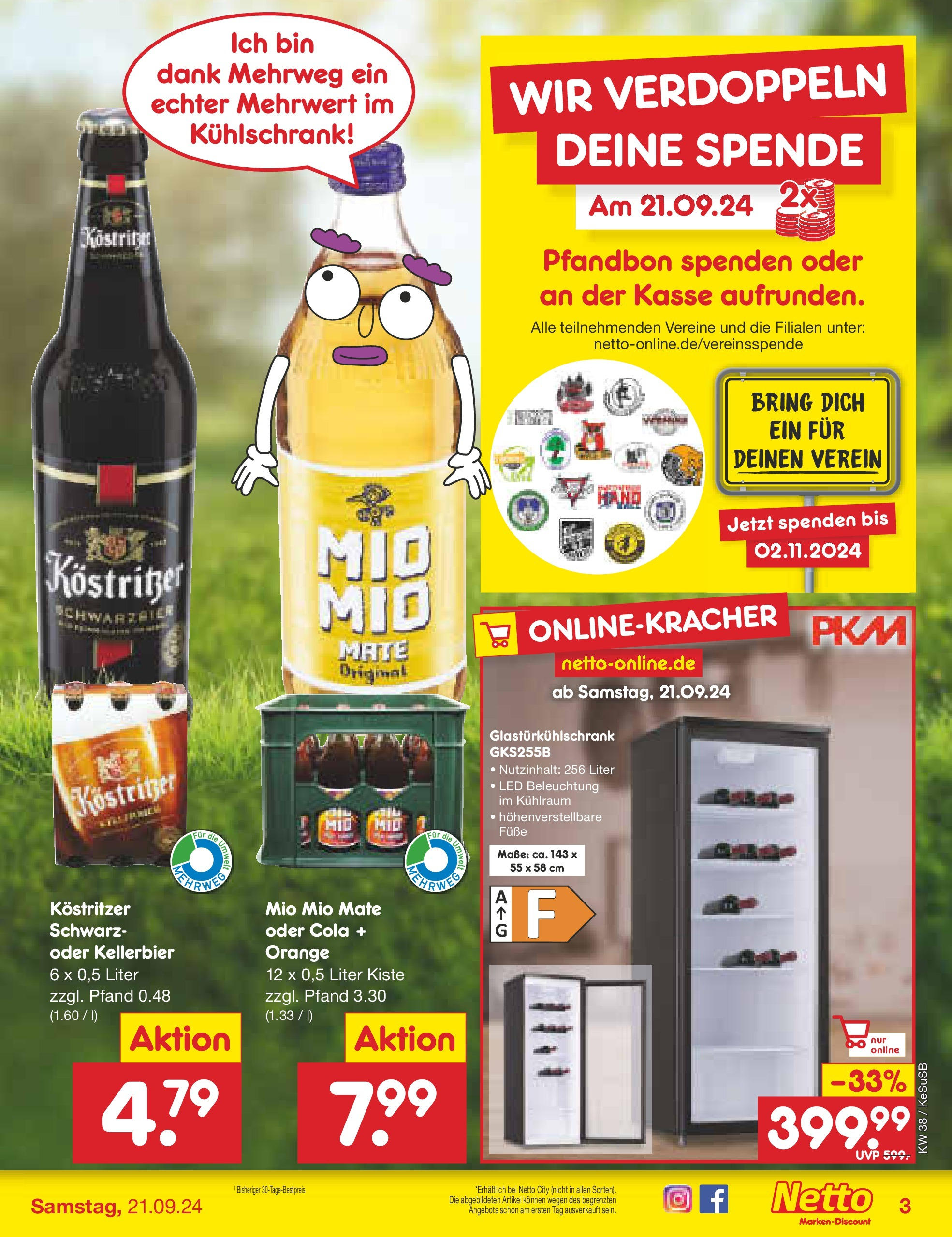 Netto Marken-Discount - Rheinland-Pfalz (ab 16.09.2024) » Angebote | Seite: 20 | Produkte: Cola, Kostritzer, Kühlschrank, Mio mio mate