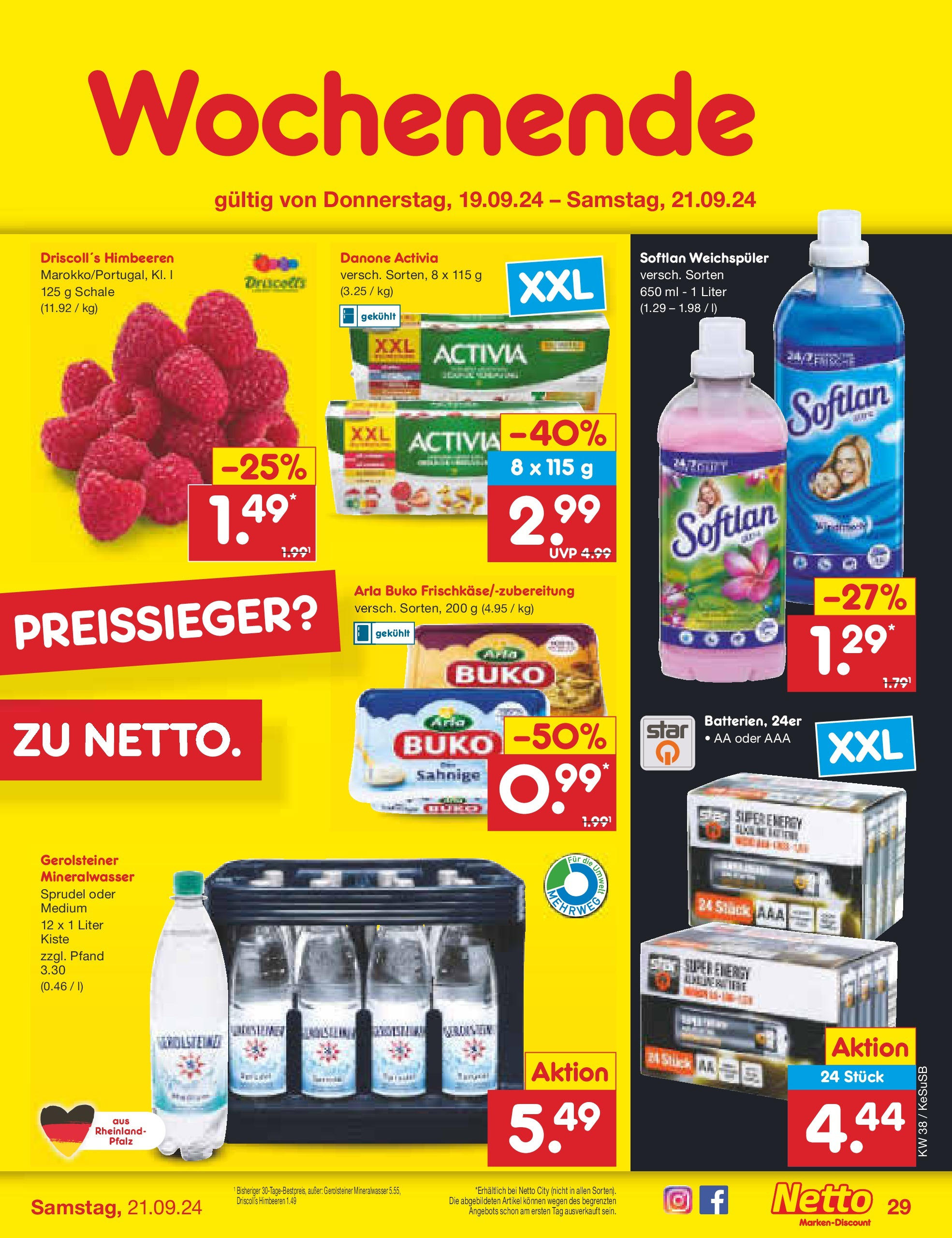 Netto Marken-Discount - Rheinland-Pfalz (ab 16.09.2024) » Angebote | Seite: 39 | Produkte: Activia, Weichspüler, Arla buko, Gerolsteiner