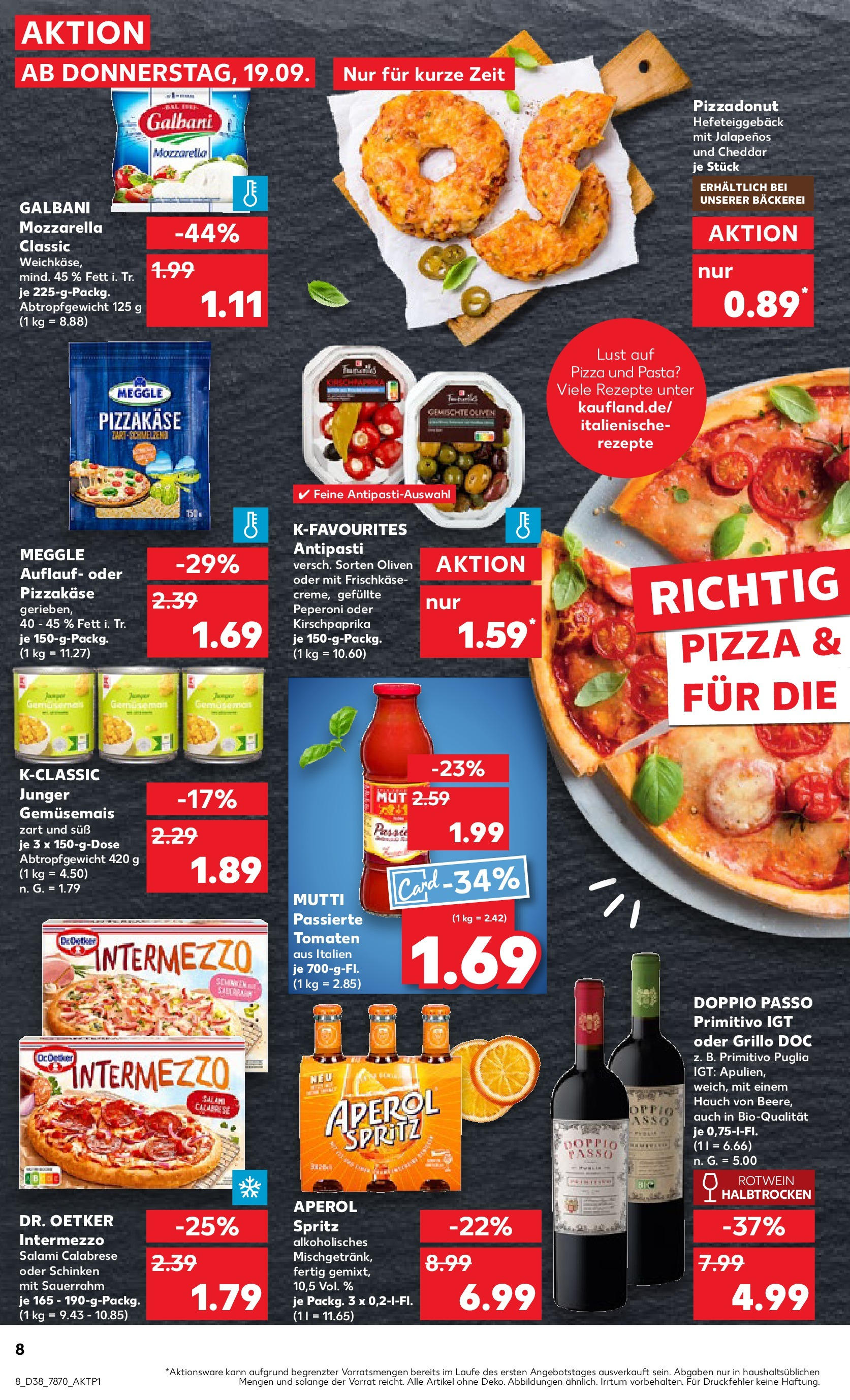 Kaufland - Baden-Württemberg (ab 19.09.2024) » Angebote Online zum Blättern | Seite: 8 | Produkte: Bäckerei, Mozzarella, Doppio passo primitivo, Pizza