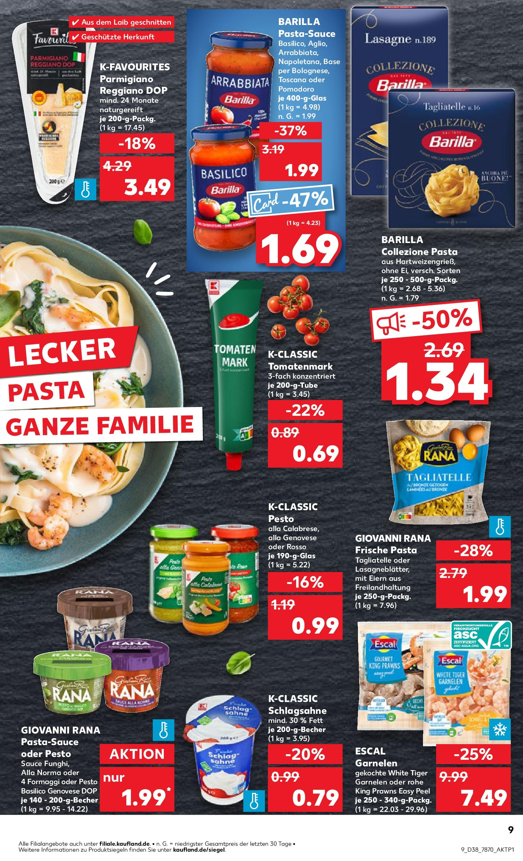 Kaufland - Baden-Württemberg (ab 19.09.2024) » Angebote Online zum Blättern | Seite: 9 | Produkte: Schlagsahne, Tomaten, Garnelen, Pasta