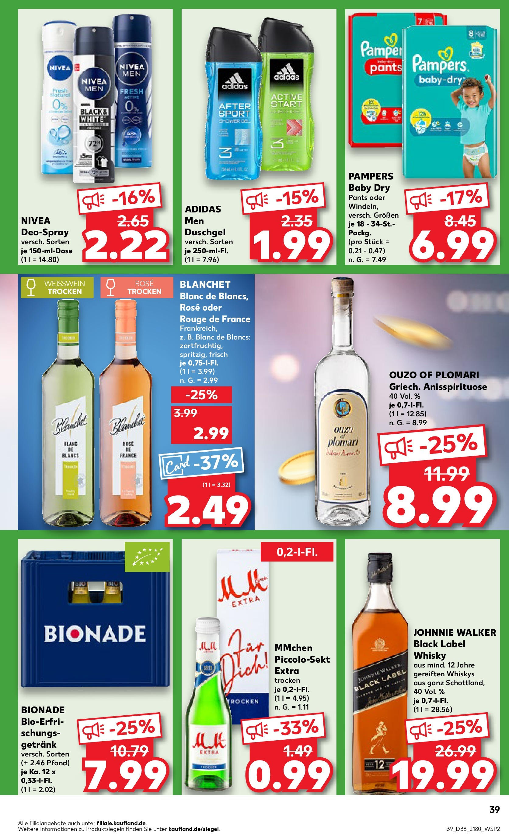 Kaufland - Baden-Württemberg (ab 19.09.2024) » Angebote Online zum Blättern | Seite: 39 | Produkte: Ouzo, Pampers, Rouge, Bionade